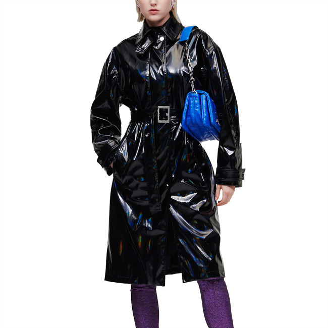 Elegant Turn-down Collar Trench Coats for Women Long Sleeves Punk Slim Fit Jacket with Belt Office Lady Vintage Midi Trench