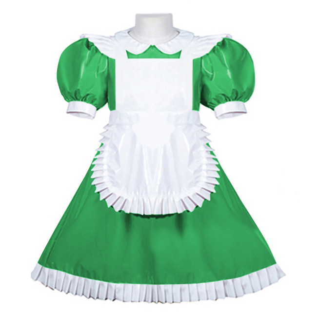 Women PVC Leather Maid Sweet Lolita Dress Sissy Mens Puffed Sleeves Stretch Slim Fit Midi Dress Crossdresser Cosplay Maid Outfit