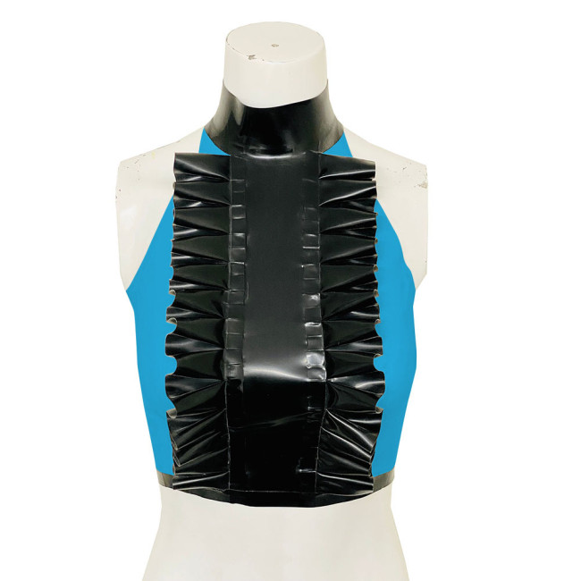 High Neck Ruffled Design Patchwork Black Tank Top Women Faux Latex Bodycon Halter Summer Crop Top PVC Womens Clothing Clubwear