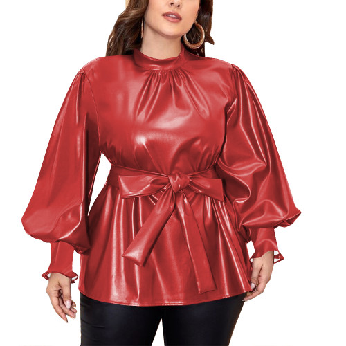 Fashion Long Puff Sleeves Slim Fit PU Blouse with Belt Back Zipper Bodycon Women Tops Vintage Faux Leather Office Ladies Tops