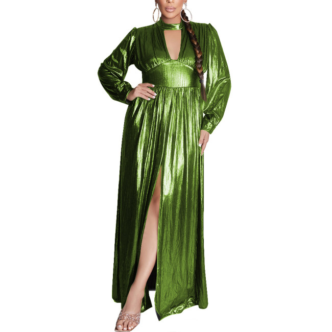 Elegant Evening Gown Shiny Metallic Long Sleeves Robe Argent Dress for Women Sexy A-line Solid Maxi Dress Banquet Party Vestidovening Party Dress