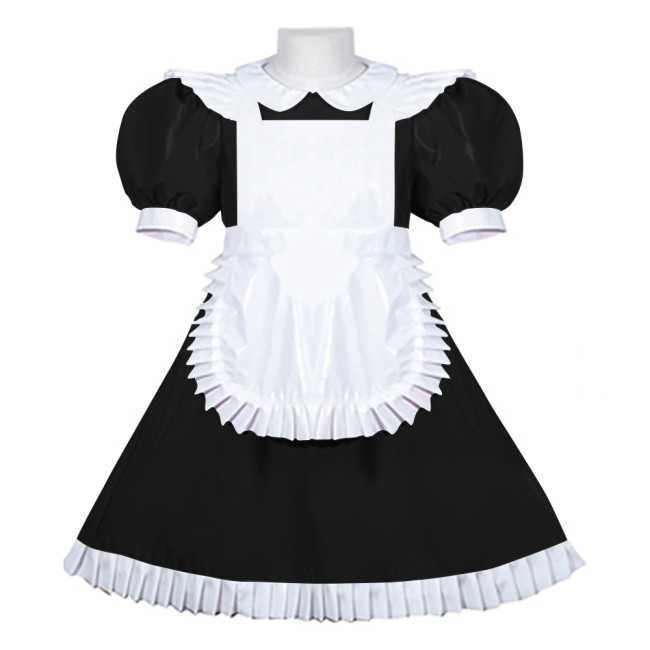 Women PVC Leather Maid Sweet Lolita Dress Sissy Mens Puffed Sleeves Stretch Slim Fit Midi Dress Crossdresser Cosplay Maid Outfit