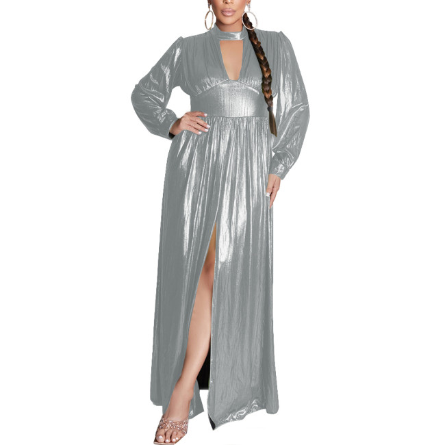 Elegant Evening Gown Shiny Metallic Long Sleeves Robe Argent Dress for Women Sexy A-line Solid Maxi Dress Banquet Party Vestidovening Party Dress