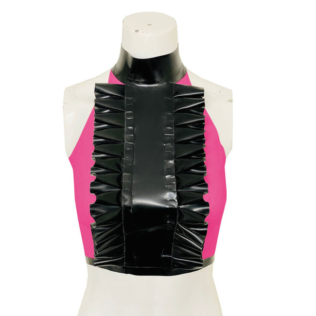 High Neck Ruffled Design Patchwork Black Tank Top Women Faux Latex Bodycon Halter Summer Crop Top PVC Womens Clothing Clubwear