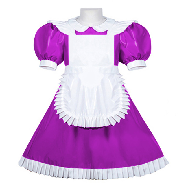 Women PVC Leather Maid Sweet Lolita Dress Sissy Mens Puffed Sleeves Stretch Slim Fit Midi Dress Crossdresser Cosplay Maid Outfit