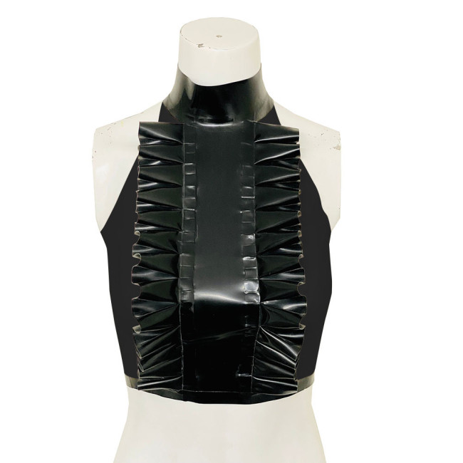 High Neck Ruffled Design Patchwork Black Tank Top Women Faux Latex Bodycon Halter Summer Crop Top PVC Womens Clothing Clubwear