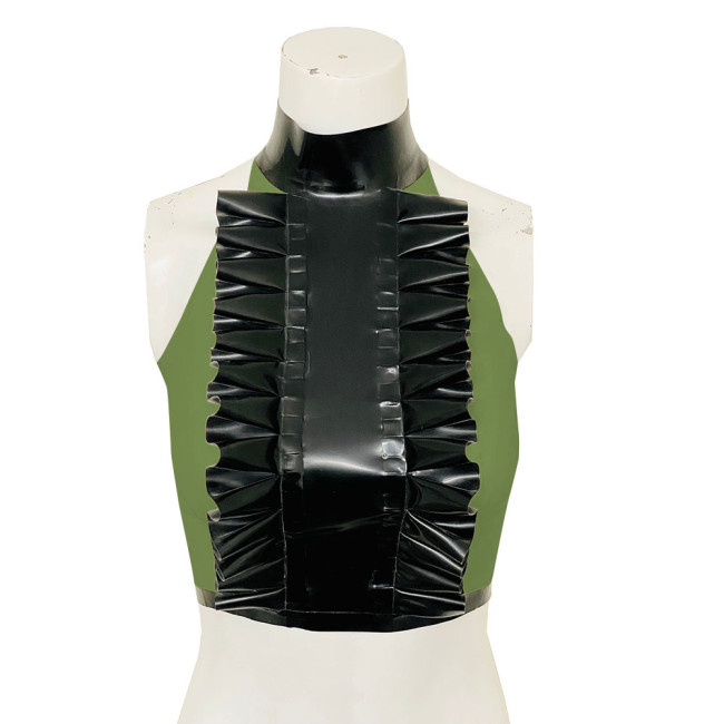 High Neck Ruffled Design Patchwork Black Tank Top Women Faux Latex Bodycon Halter Summer Crop Top PVC Womens Clothing Clubwear