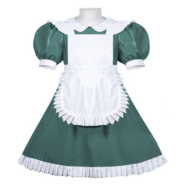 Women PVC Leather Maid Sweet Lolita Dress Sissy Mens Puffed Sleeves Stretch Slim Fit Midi Dress Crossdresser Cosplay Maid Outfit