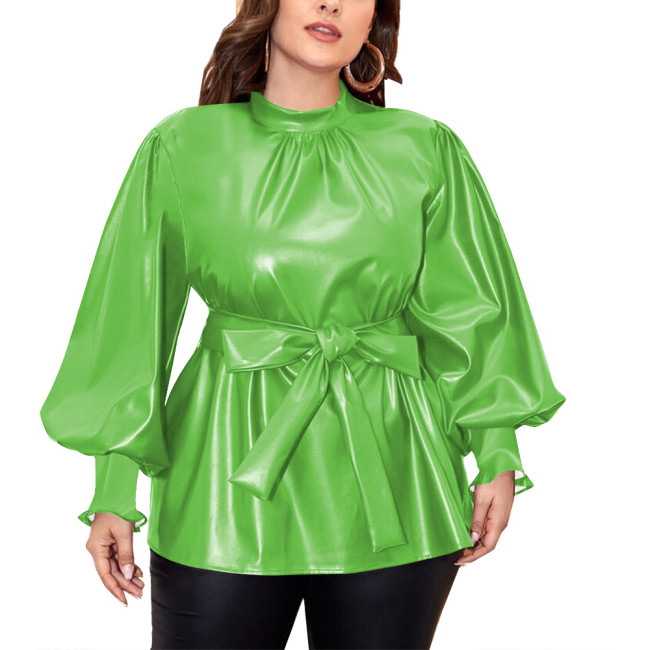 Fashion Long Puff Sleeves Slim Fit PU Blouse with Belt Back Zipper Bodycon Women Tops Vintage Faux Leather Office Ladies Tops