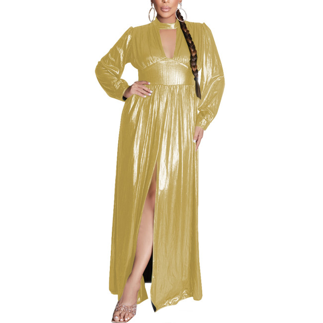 Elegant Evening Gown Shiny Metallic Long Sleeves Robe Argent Dress for Women Sexy A-line Solid Maxi Dress Banquet Party Vestidovening Party Dress