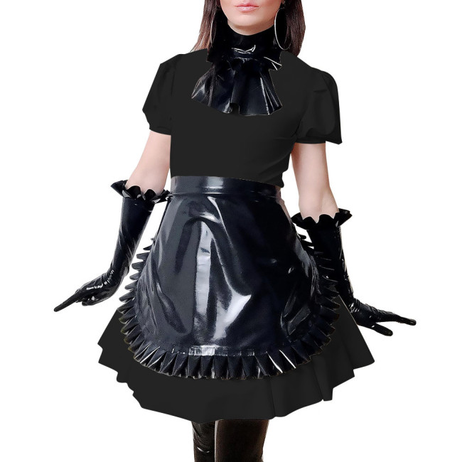 Maid Costume Women PVC Leather Short Sleeve Slim Fit Mini Dress Fetish Maid Cross Dressing Role Play Maid Outfits 7XL