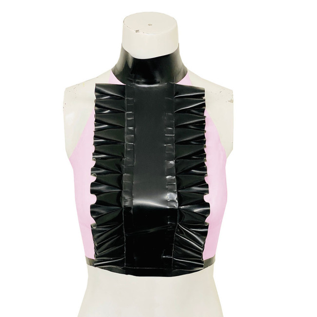 High Neck Ruffled Design Patchwork Black Tank Top Women Faux Latex Bodycon Halter Summer Crop Top PVC Womens Clothing Clubwear