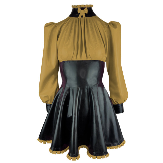 Elegance Long Sleeves PVC Leather Short Birthday Dress for Women High Neck Bow Patchwork Black Mini Dress Revelry Party Vestido