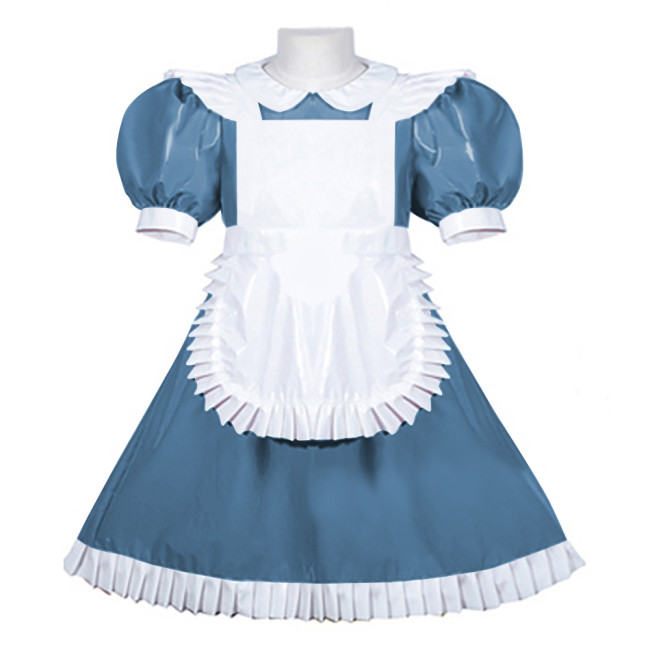 Women PVC Leather Maid Sweet Lolita Dress Sissy Mens Puffed Sleeves Stretch Slim Fit Midi Dress Crossdresser Cosplay Maid Outfit