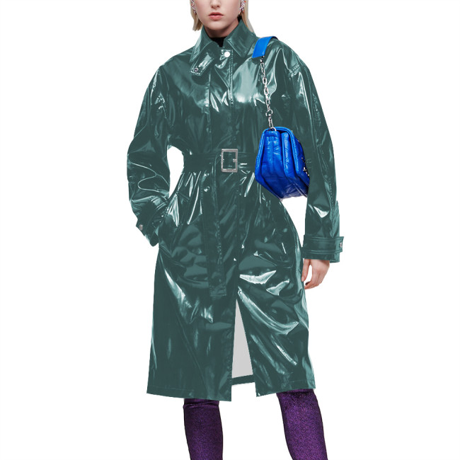 Elegant Turn-down Collar Trench Coats for Women Long Sleeves Punk Slim Fit Jacket with Belt Office Lady Vintage Midi Trench