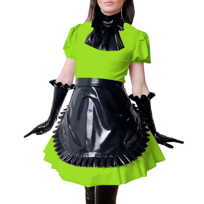 Maid Costume Women PVC Leather Short Sleeve Slim Fit Mini Dress Fetish Maid Cross Dressing Role Play Maid Outfits 7XL