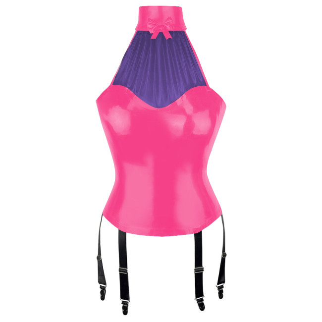 Patchwork Sexy Girl Halter Bodycon Tank Top Women Vinyl PVC Leather Tops with Garter Suspender Wetlook Womens Clothing Clubwear