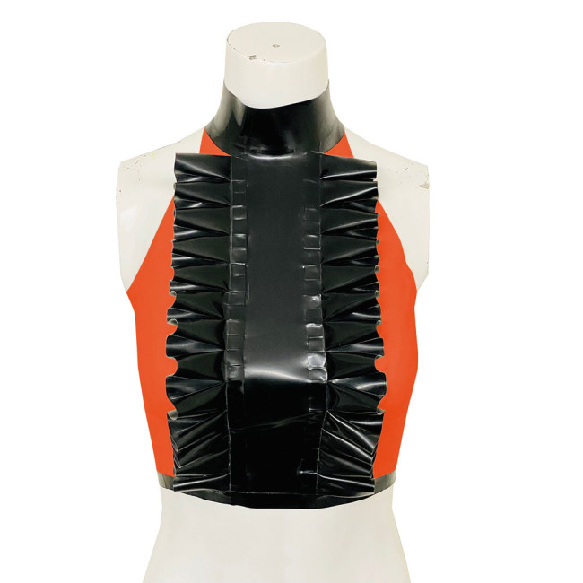 High Neck Ruffled Design Patchwork Black Tank Top Women Faux Latex Bodycon Halter Summer Crop Top PVC Womens Clothing Clubwear