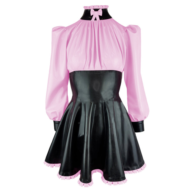 Elegance Long Sleeves PVC Leather Short Birthday Dress for Women High Neck Bow Patchwork Black Mini Dress Revelry Party Vestido