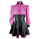 Elegance Long Sleeves PVC Leather Short Birthday Dress for Women High Neck Bow Patchwork Black Mini Dress Revelry Party Vestido