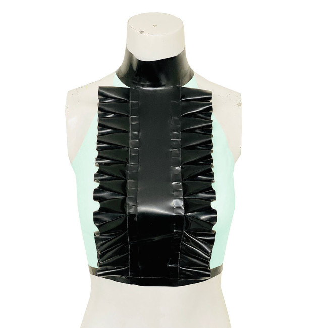 High Neck Ruffled Design Patchwork Black Tank Top Women Faux Latex Bodycon Halter Summer Crop Top PVC Womens Clothing Clubwear