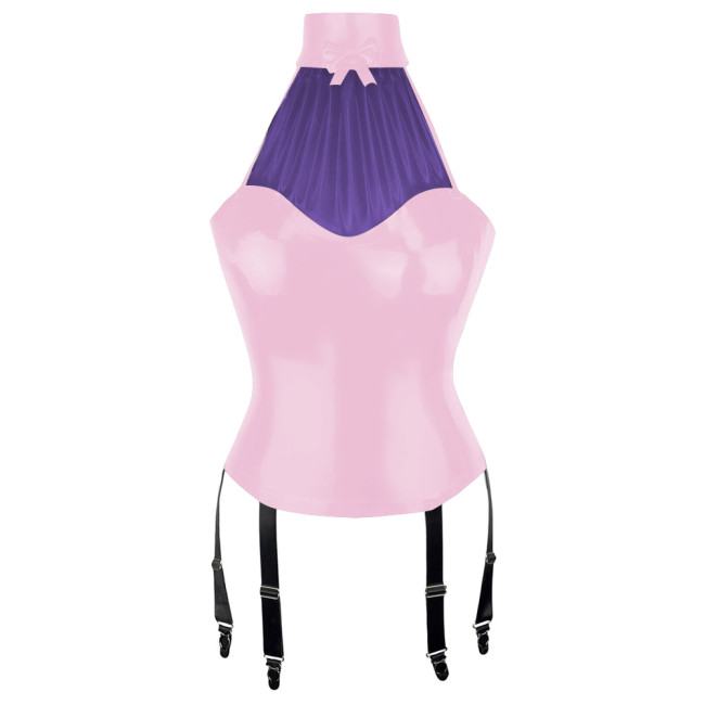 Patchwork Sexy Girl Halter Bodycon Tank Top Women Vinyl PVC Leather Tops with Garter Suspender Wetlook Womens Clothing Clubwear