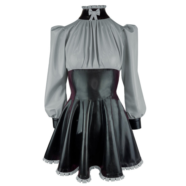 Elegance Long Sleeves PVC Leather Short Birthday Dress for Women High Neck Bow Patchwork Black Mini Dress Revelry Party Vestido