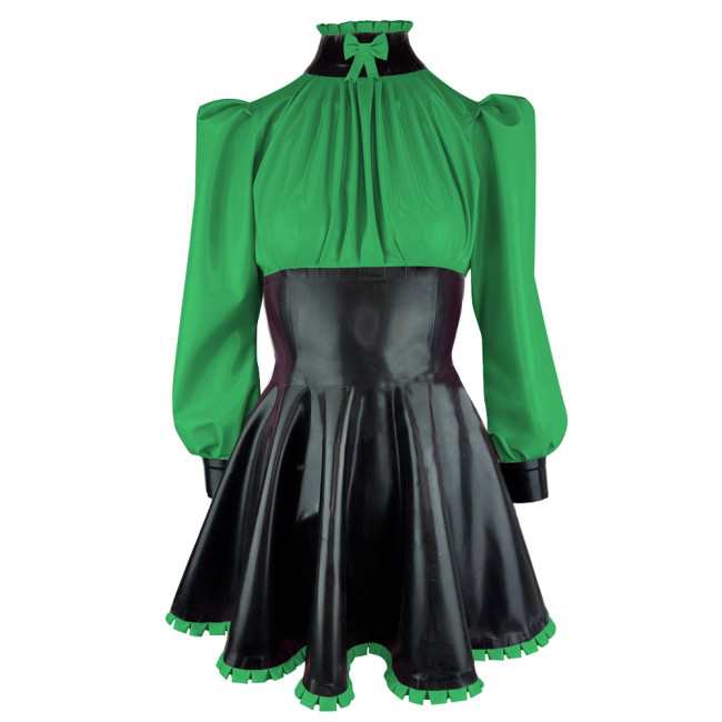 Elegance Long Sleeves PVC Leather Short Birthday Dress for Women High Neck Bow Patchwork Black Mini Dress Revelry Party Vestido