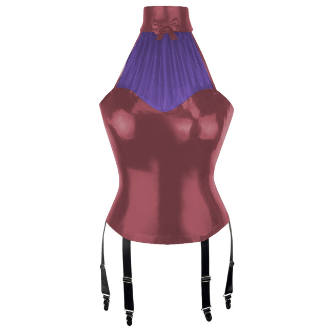 Patchwork Sexy Girl Halter Bodycon Tank Top Women Vinyl PVC Leather Tops with Garter Suspender Wetlook Womens Clothing Clubwear