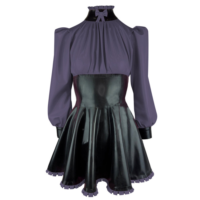 Elegance Long Sleeves PVC Leather Short Birthday Dress for Women High Neck Bow Patchwork Black Mini Dress Revelry Party Vestido