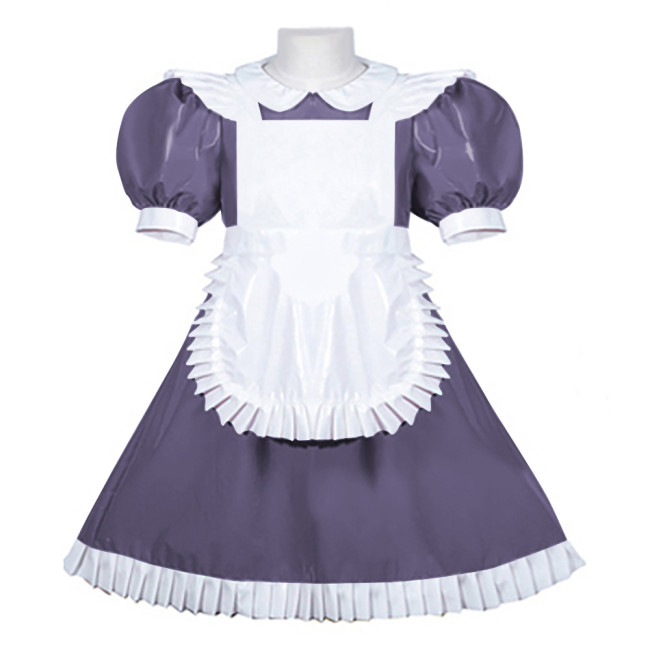 Women PVC Leather Maid Sweet Lolita Dress Sissy Mens Puffed Sleeves Stretch Slim Fit Midi Dress Crossdresser Cosplay Maid Outfit