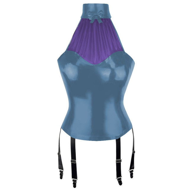 Patchwork Sexy Girl Halter Bodycon Tank Top Women Vinyl PVC Leather Tops with Garter Suspender Wetlook Womens Clothing Clubwear