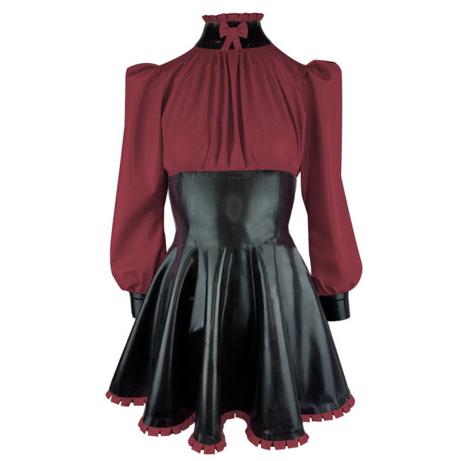 Elegance Long Sleeves PVC Leather Short Birthday Dress for Women High Neck Bow Patchwork Black Mini Dress Revelry Party Vestido