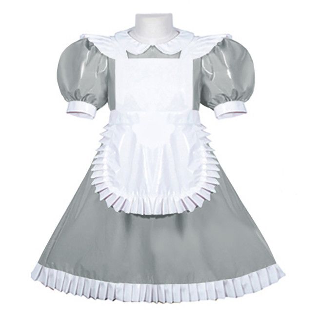 Women PVC Leather Maid Sweet Lolita Dress Sissy Mens Puffed Sleeves Stretch Slim Fit Midi Dress Crossdresser Cosplay Maid Outfit