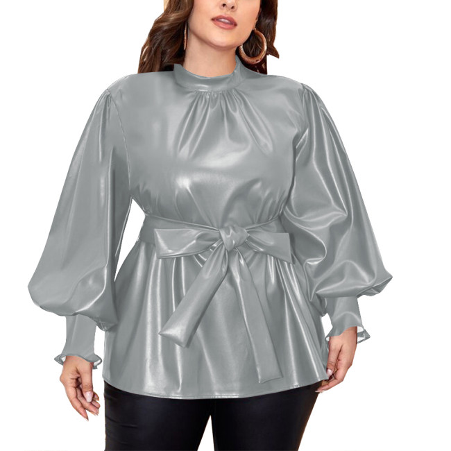 Fashion Long Puff Sleeves Slim Fit PU Blouse with Belt Back Zipper Bodycon Women Tops Vintage Faux Leather Office Ladies Tops