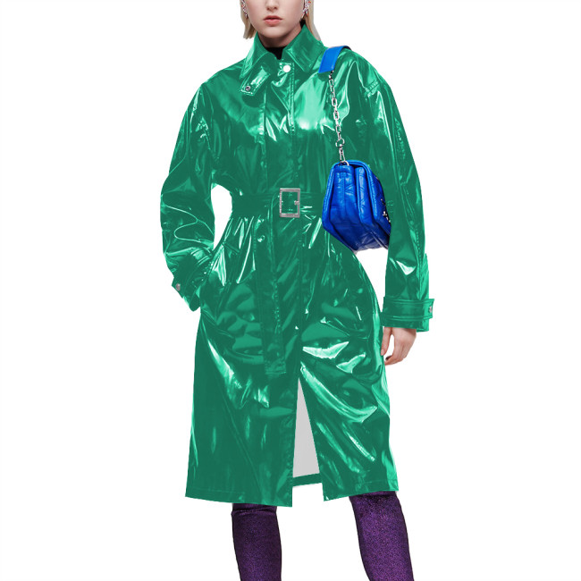 Elegant Turn-down Collar Trench Coats for Women Long Sleeves Punk Slim Fit Jacket with Belt Office Lady Vintage Midi Trench