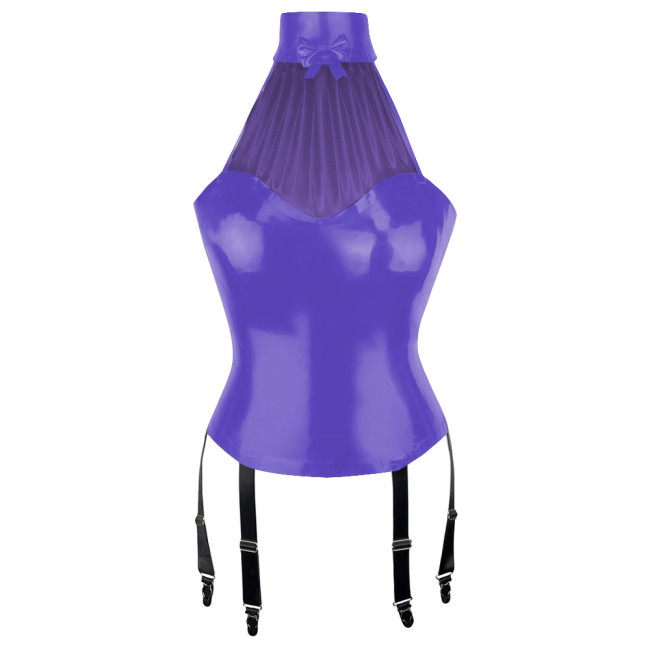 Patchwork Sexy Girl Halter Bodycon Tank Top Women Vinyl PVC Leather Tops with Garter Suspender Wetlook Womens Clothing Clubwear