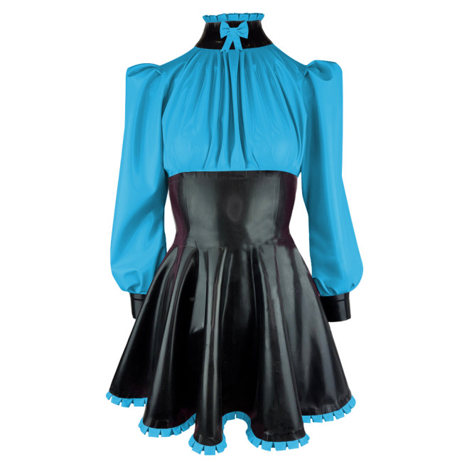 Elegance Long Sleeves PVC Leather Short Birthday Dress for Women High Neck Bow Patchwork Black Mini Dress Revelry Party Vestido