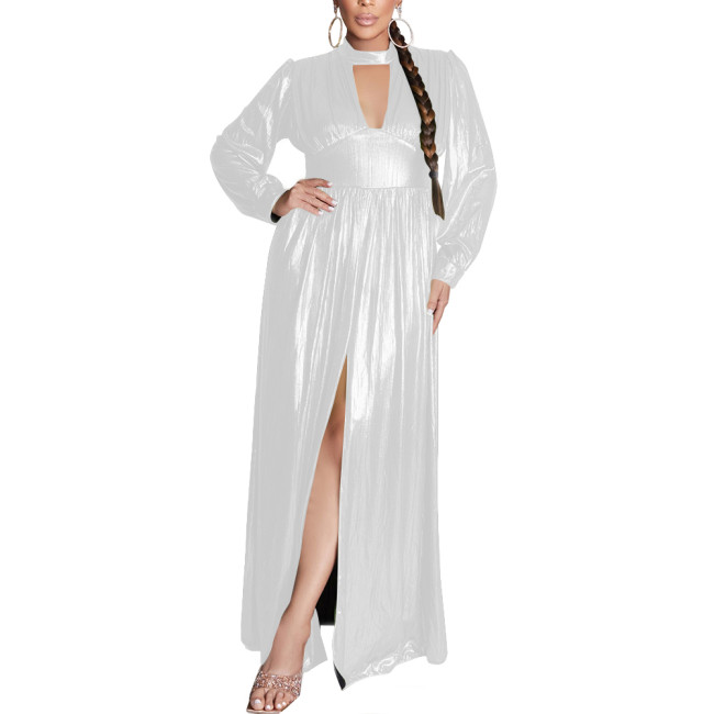 Elegant Evening Gown Shiny Metallic Long Sleeves Robe Argent Dress for Women Sexy A-line Solid Maxi Dress Banquet Party Vestidovening Party Dress