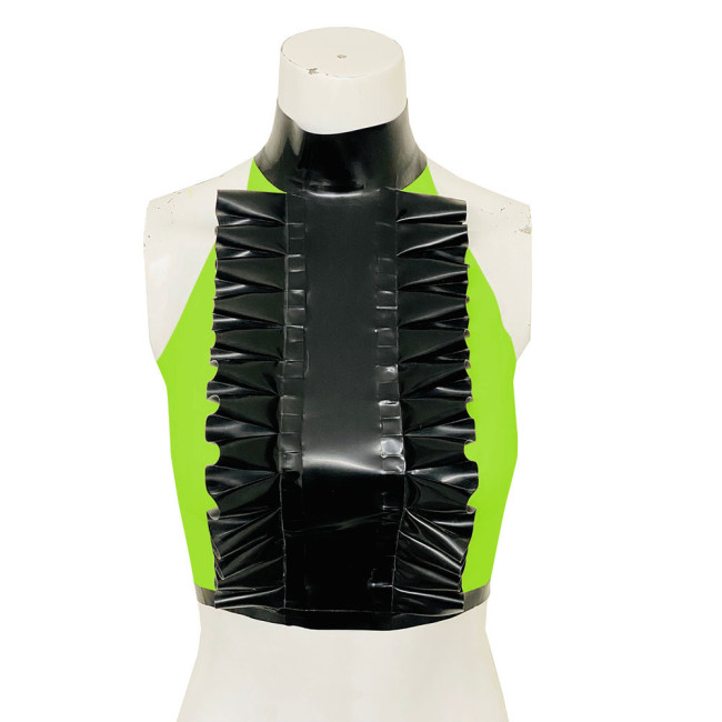 High Neck Ruffled Design Patchwork Black Tank Top Women Faux Latex Bodycon Halter Summer Crop Top PVC Womens Clothing Clubwear