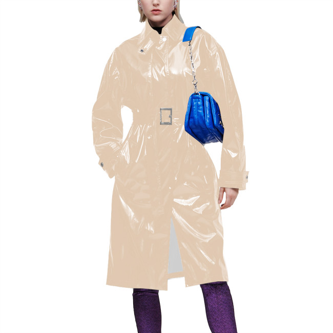 Elegant Turn-down Collar Trench Coats for Women Long Sleeves Punk Slim Fit Jacket with Belt Office Lady Vintage Midi Trench