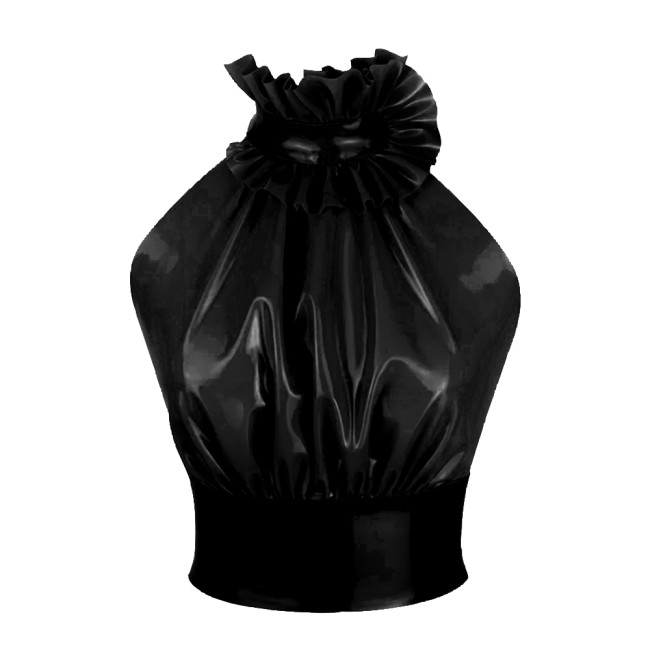 Elegant Ruffled Halter Slim Fit Graphic T Shirts PVC Women Tops Sexy Backless Button Tank Tops Office Lady Faux Latex Clothing