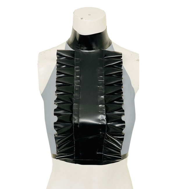 High Neck Ruffled Design Patchwork Black Tank Top Women Faux Latex Bodycon Halter Summer Crop Top PVC Womens Clothing Clubwear