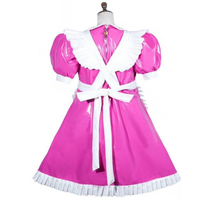 Women PVC Leather Maid Sweet Lolita Dress Sissy Mens Puffed Sleeves Stretch Slim Fit Midi Dress Crossdresser Cosplay Maid Outfit