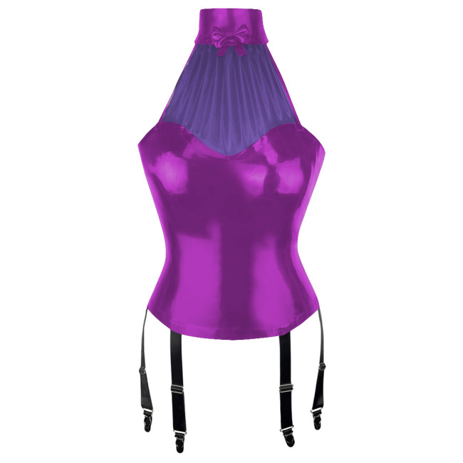 Patchwork Sexy Girl Halter Bodycon Tank Top Women Vinyl PVC Leather Tops with Garter Suspender Wetlook Womens Clothing Clubwear