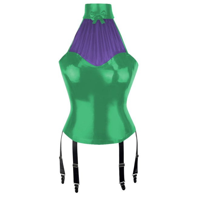 Patchwork Sexy Girl Halter Bodycon Tank Top Women Vinyl PVC Leather Tops with Garter Suspender Wetlook Womens Clothing Clubwear