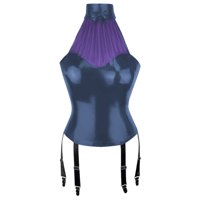 Patchwork Sexy Girl Halter Bodycon Tank Top Women Vinyl PVC Leather Tops with Garter Suspender Wetlook Womens Clothing Clubwear