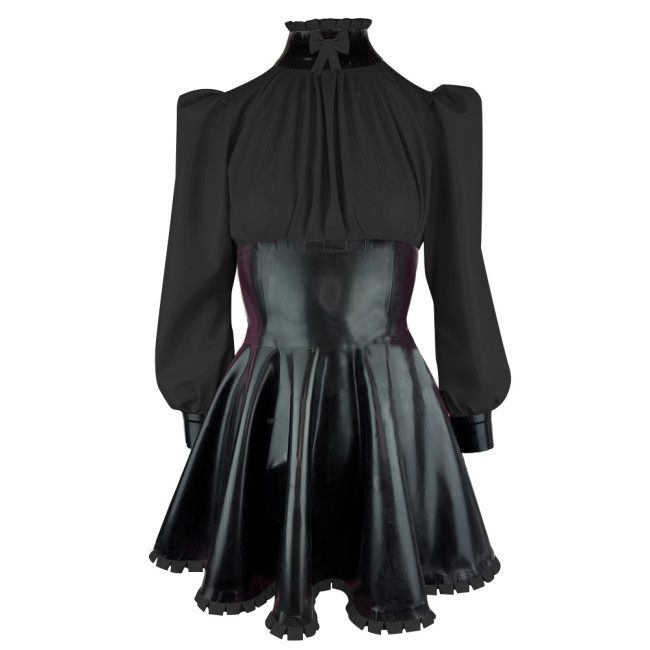 Elegance Long Sleeves PVC Leather Short Birthday Dress for Women High Neck Bow Patchwork Black Mini Dress Revelry Party Vestido