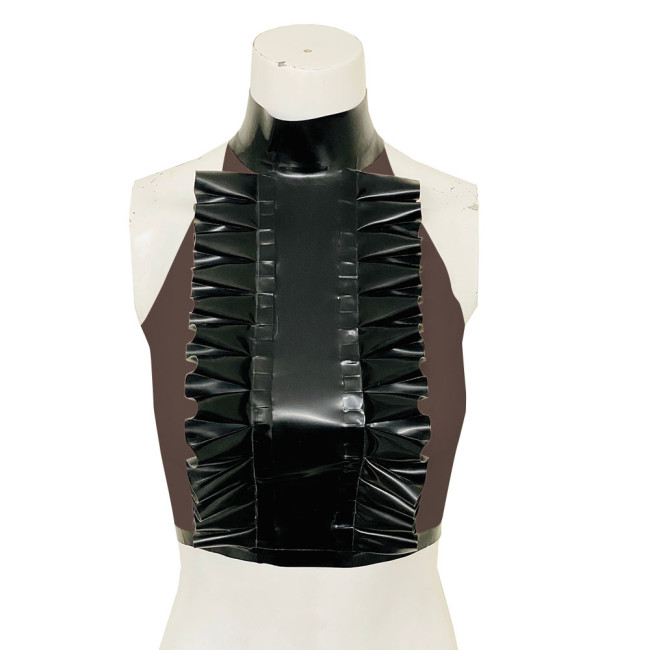 High Neck Ruffled Design Patchwork Black Tank Top Women Faux Latex Bodycon Halter Summer Crop Top PVC Womens Clothing Clubwear