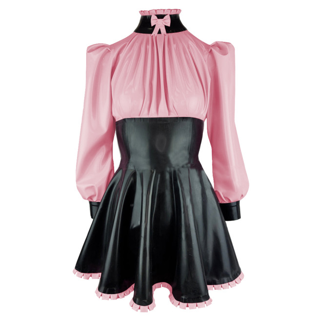 Elegance Long Sleeves PVC Leather Short Birthday Dress for Women High Neck Bow Patchwork Black Mini Dress Revelry Party Vestido